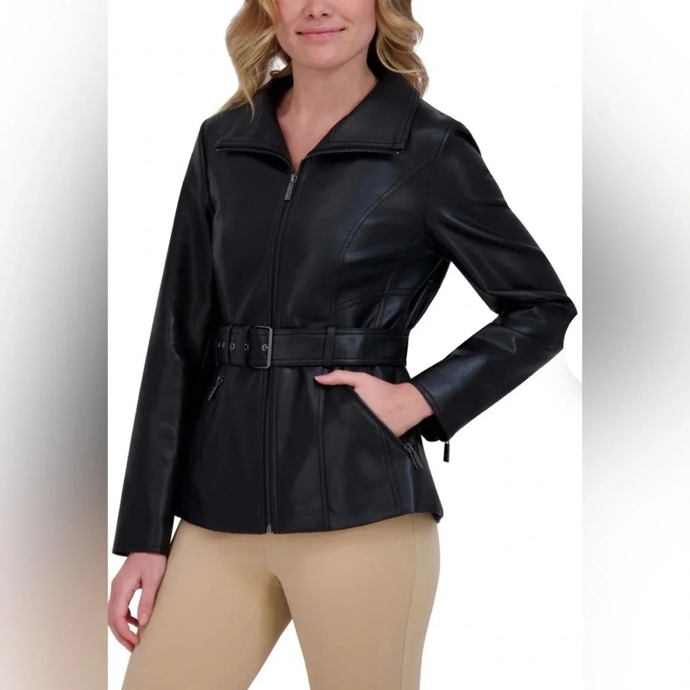NWT Kenneth Cole Black Faux Leather Belted Jacket Size L